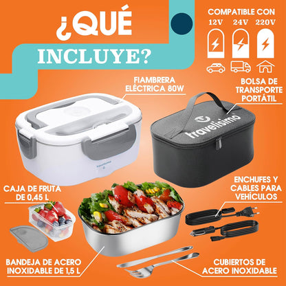 TRAVELISIMO Fiambrera Electrica 80W Taper Electrico Para Comida 1,5L Fiambrera Termica 3 En 1 12V/24V/220V - Lonchera Termica Para Coche Y Camión, Marmita Electrica En Acero Inoxidable