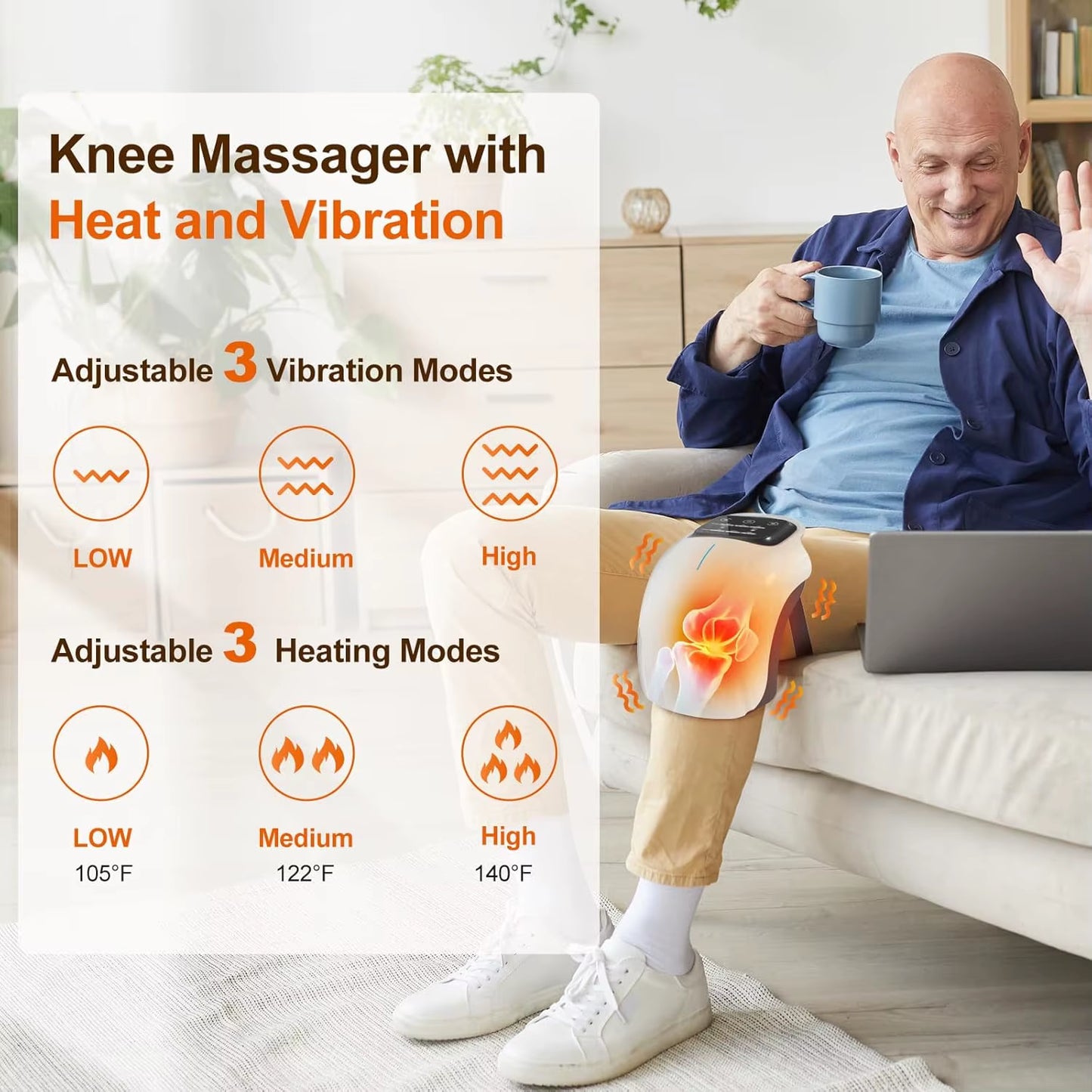 Cordless Knee Massager with Heat,Relax Knee Massage Helps Joint Stiff and Discomfort,3 Levels Heat & Vibration 10 Min Auto Off